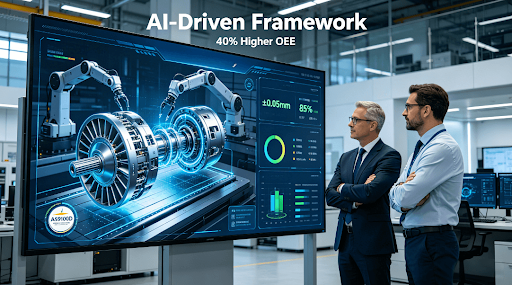 Manufacturing leaders analyze an AI-driven dashboard showing dynamic accuracy and OEE metrics alongside live robotic machining simulation, in a modern industrial control room, symbolizing the data-driven partner selection framework for 5-axis automation.